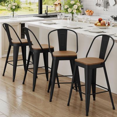 Andeworld Metal Bar Stools Set of 4, 26 inch Counter Height Barstools with Backs Farmhouse Modern High Back Bar Stools with Larger Seat Kitchen Dining Bar Chairs,Matte Black