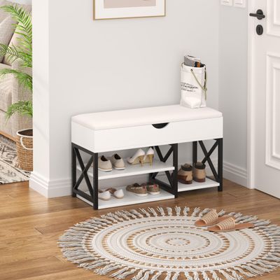 NUNU LAB Shoe Storage Bench, Multifunctional Entryway Bench with 3-Tier Shoe Rack & Cushioned Seat, Shoe Rack for Front Door Entrance, White