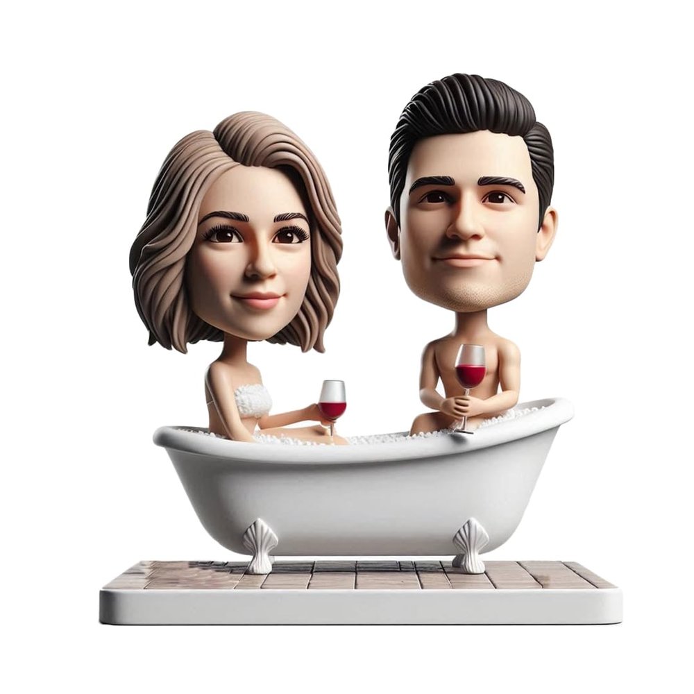 Bathing Couple Custom Bobbleheads Personalized Bubble Bath Wine Figurine Romantic Relaxing Bathtime Sculpture Collectible Birthdays Anniversary Wedding Gifts Valentine's Day Presents Housewarming