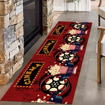 PLMHXC Vintage Cinema Runner Rug, 2.6x10ft, Red Popcorn Movie Night Entrance Rug, Easy Clean Durable Foldable Rug, No Crease Soft Home Decor Mat for Indoor Entry Indoor
