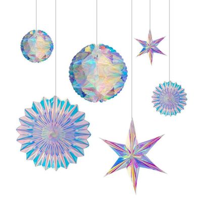Iridescent Party Supplies Kit 6Pcs Ceiling Hanging Honeycomb Ball Ornament Decorative Paper Fan Snowflake Garlands for Birthday Christmas Decorations, Iridescent Party Decorations