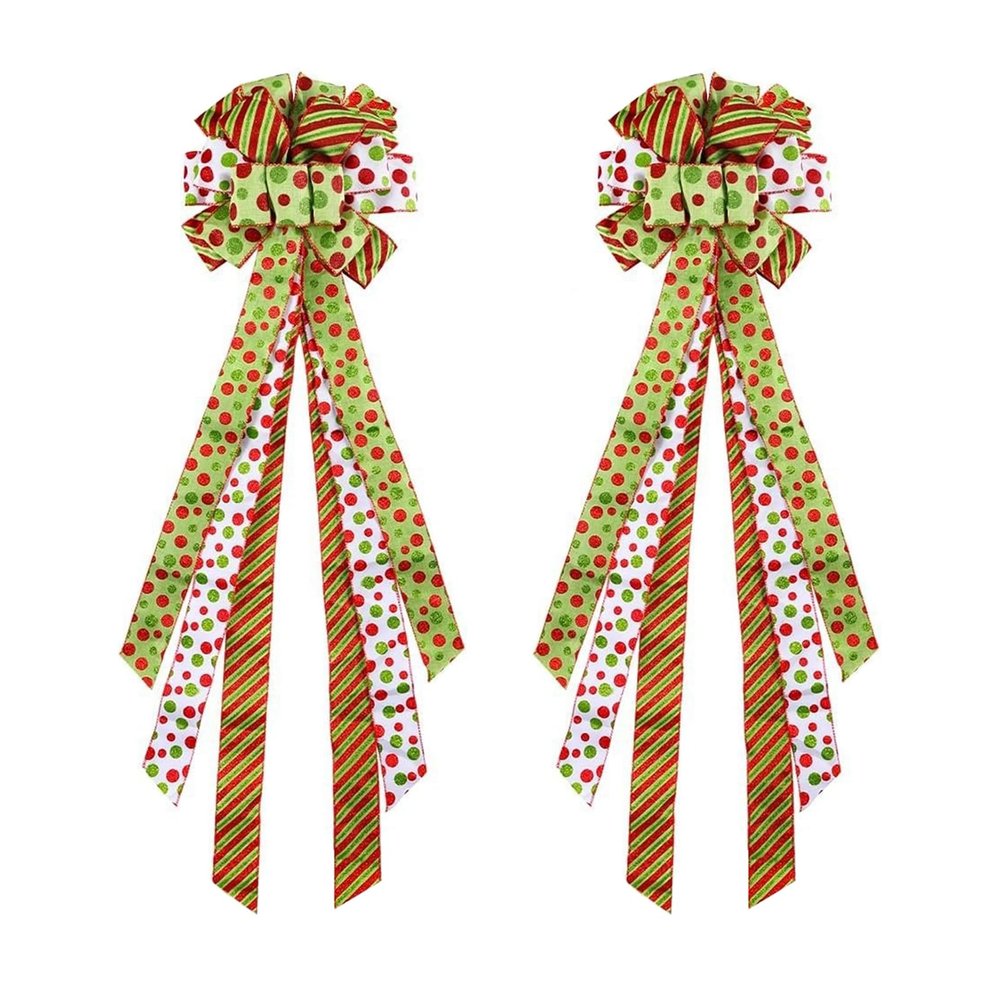 UDIYO Christmas Tree Topper Wreath Bow, 45"x12" Large Green Dot Polyester Gift Bow Decor for Xmas Ornament Holiday Home Party Wedding Thanksgiving Indoor/Outdoor Decoration 2pcs