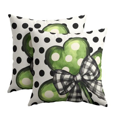 Kawani St Patricks Day Pillow Covers 16x16 Set of 2 Green Lucky Shamrock Leaf Polka Dots Pillowcase Cotton Linen Square Cushion Case for Couch Sofa Bedroom Living Room Outdoor Decor