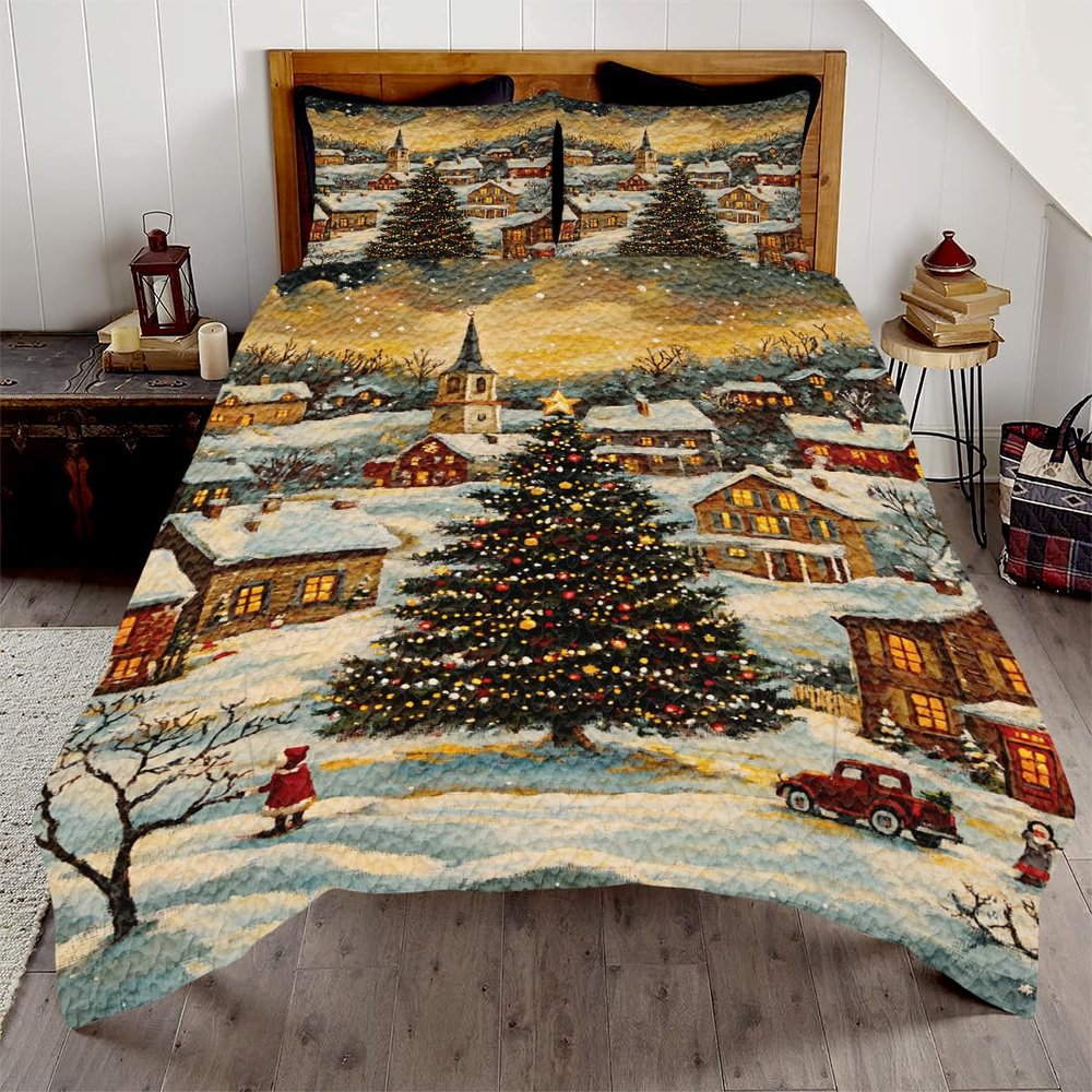 CAPOZEN Personalized Christmas Quilt Set - Xmas Village Scene Bedding Queen Size Winter Quilt Peace Holiday Quilts Custom Pine Tree Themed Comforter for Teens Adults