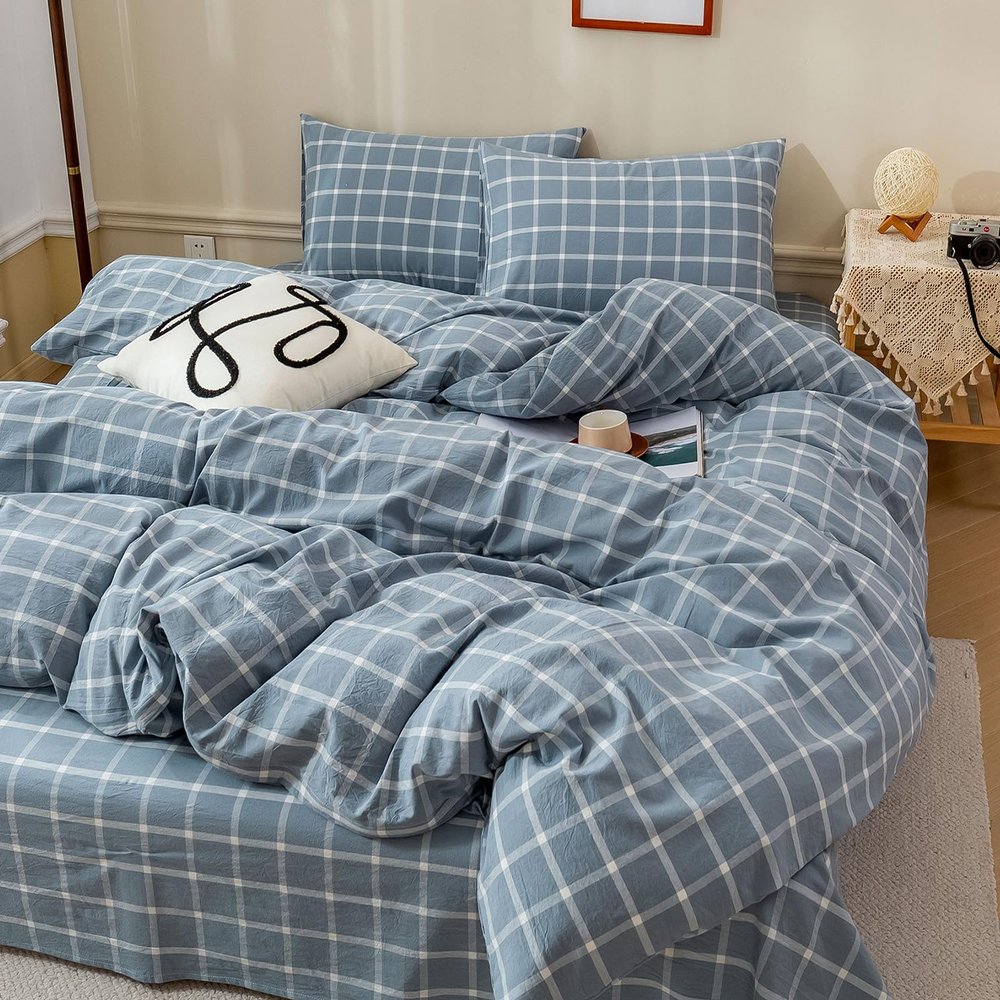 HighBuy Blue Plaid Duvet Cover Full Size Boho Chic 100% Washed Cotton Comforter Cover Luxury Modern Buffalo Checkered Grid Duvet Cover with 2 Pillowcases Gingham Blue Grid Bedding Set Full