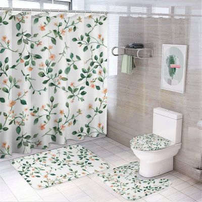 HDESDIS 4Pcs Floral Leaf Watercolor Shower Curtain Sets with Rugs, Toilet Lid Cover and Bath Mat, Green Plant Novelty Bathroom Shower Curtains Set with 12 Hooks