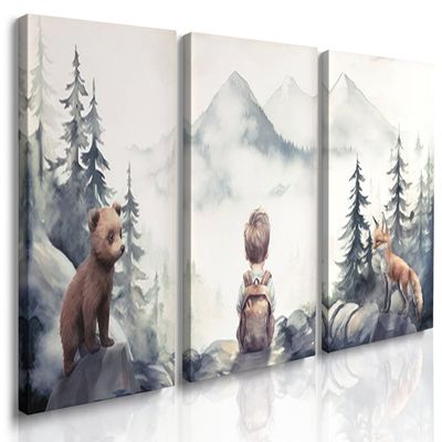 GUBIYU Baby Boy Nursery Wall Decor,Forest Animal Wall Art of 3 Boy Adventure Toddler Room Decor,Adventure Nursery Art,Watercolor Mountain Prints Posters Nature Woodland Baby Room Decoration 12"X16"