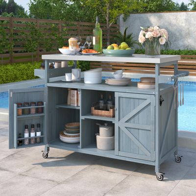Merax Outdoor Kitchen Island, Stainless Steel Kitchen Island with Storage, Wood Rolling Coffee Grill Bar Cart with Spice Rack Towel Rack, Grey Blue