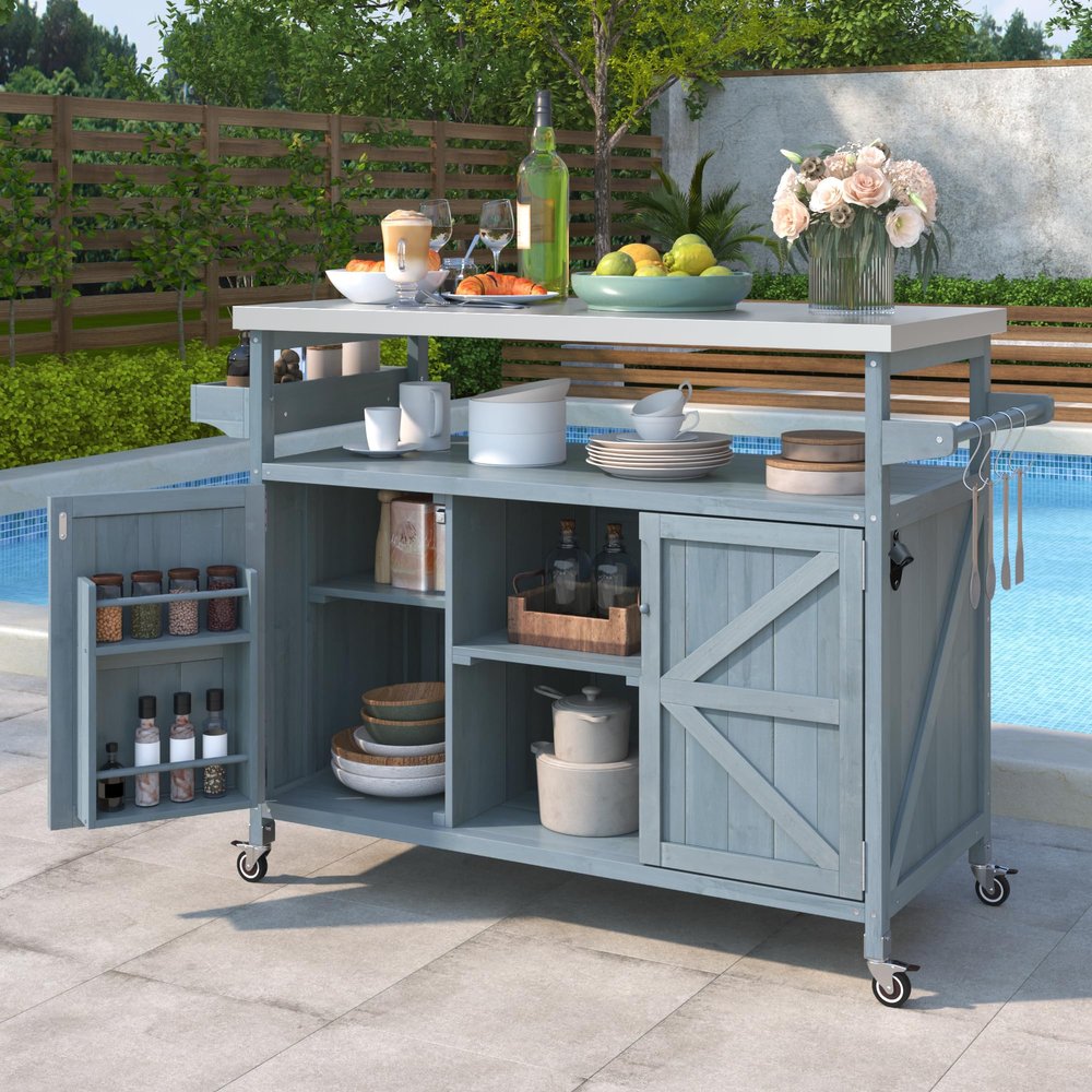 Merax Outdoor Kitchen Island, Stainless Steel Kitchen Island with Storage, Wood Rolling Coffee Grill Bar Cart with Spice Rack Towel Rack, Grey Blue