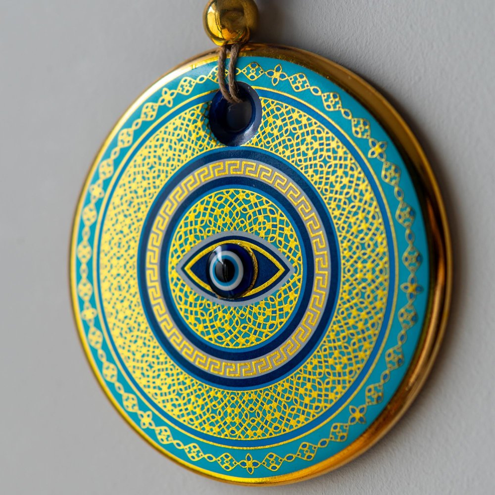 Luxurious Turkish Evil Eye Wall Hanging with Crystal Accents, 5.1 in Diameter, Handmade Glass Nazar for Protection and Good Luck Opulent Home Decor Gift