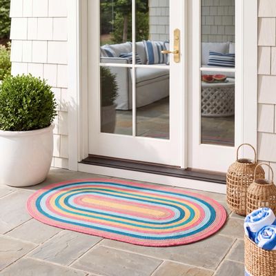 SAFAVIEH Braided Indoor/Outdoor Washable Oval Rug 3x5, Pink & Blue BRD327U