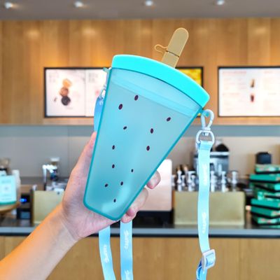 Rongrongs store Plastic Straw Water Cup Strap Juice Cup Water Cup(Blue)