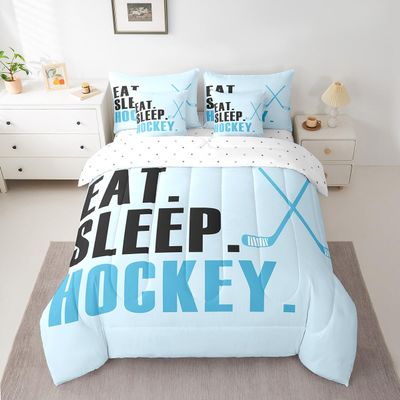 Feelyou Ice Hockey Comforter Set with Sheets Queen Size Light Blue Ice Sports Games 7 Pieces Bedding Set for Kids Boys Girls Teens Hockey Player Bed in a Bag Puck Hockey Bed Set