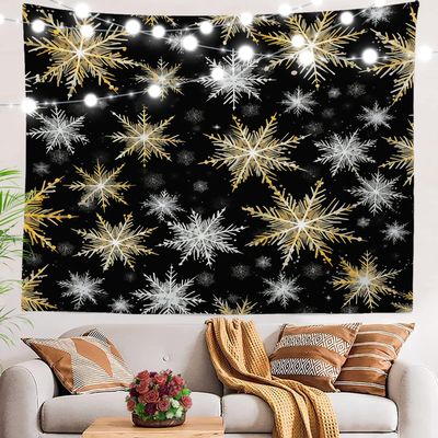 BaoNews Christmas Snowflakes Tapestry, White Golden Snowflakes On Black Large Wall Hanging Polyester Tablecloths Tapestry Bedroom Room Living Room Dorm 51.2 x 59.1 inches