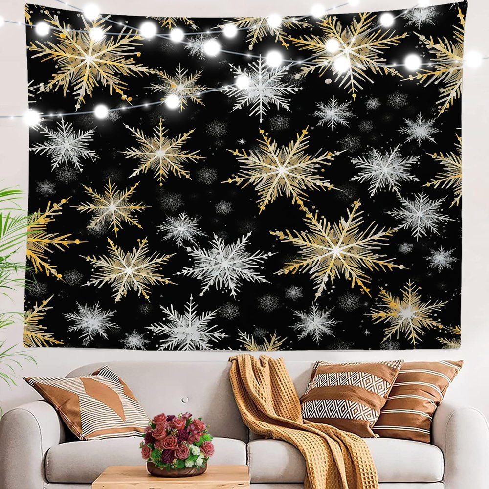 BaoNews Christmas Snowflakes Tapestry, White Golden Snowflakes On Black Large Wall Hanging Polyester Tablecloths Tapestry Bedroom Room Living Room Dorm 51.2 x 59.1 inches