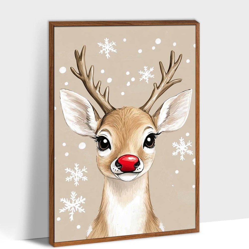 Meetmuses Christmas Canvas Wall Art, Funky Red Nosed Reindeer Picture, Christmas Room Aesthetic Canvas Prints, Funny Winter Christmas Elk Prints Painting For Family Bedroom Dormitory Decor 12x18 Inch