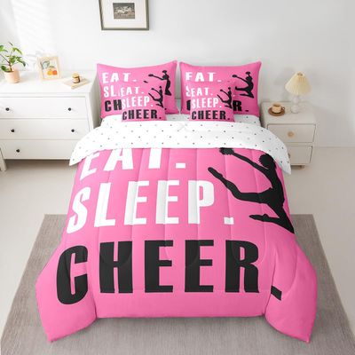 Feelyou Cheer Comforter Set with Sheets King Size Ombre Pink Cheerleading 7 Pieces Bedding Set for Kids Boys Girls Teens Cheerleader Bed in a Bag Dancing Cheer Lover Bed Set