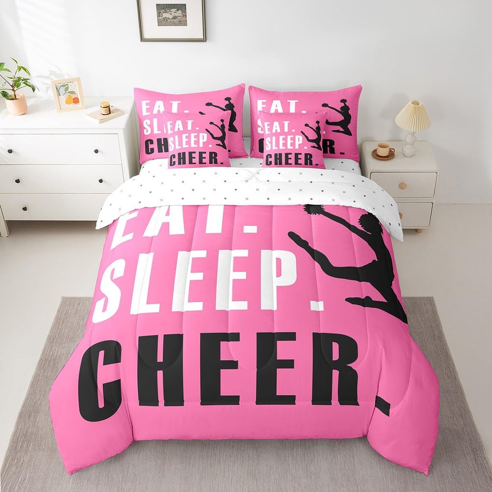 Feelyou Cheer Comforter Set with Sheets King Size Ombre Pink Cheerleading 7 Pieces Bedding Set for Kids Boys Girls Teens Cheerleader Bed in a Bag Dancing Cheer Lover Bed Set