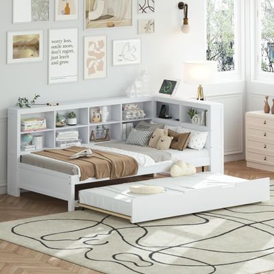 Harper & Bright Designs Twin Daybed with Trundle and Bookcase Headboard, Wooden Platform Bed Frame with Charging Station and Storage Shelves, USB Port and Outlet Plug (Twin Size,White)