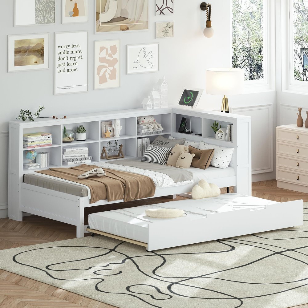 Harper & Bright Designs Twin Daybed with Trundle and Bookcase Headboard, Wooden Platform Bed Frame with Charging Station and Storage Shelves, USB Port and Outlet Plug (Twin Size,White)