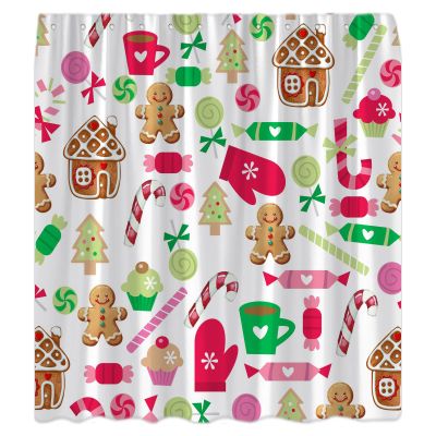 UPUMKSK Merry Christmas Shower Curtain Cute Cartoon Cookies House Cute Xmas Tree Pink Candy Xmas Winter Holiday Happy New Year Bath Curtain with Hooks
