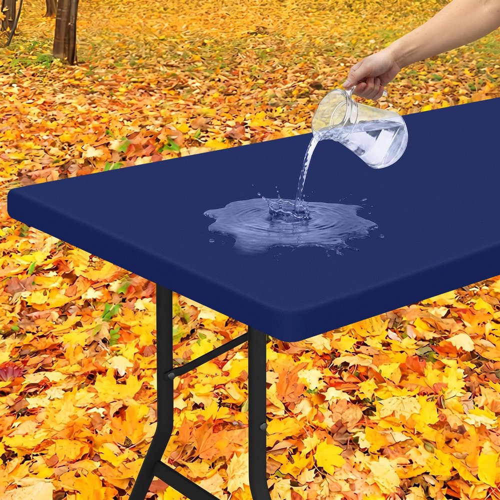 Smiry Rectangle Tablecloth, Elastic Fitted Flannel Backed Vinyl Tablecloths for 8ft Folding Tables, Waterproof Wipeable Table Covers for Indoor, Outdoor, Picnic and Camping (Navy, 36"x96")