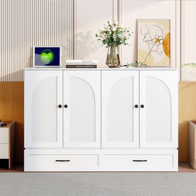 Full Size Murphy Chest Bed with Large Drawers and Rattan Decoration, Versatile Foldable Cube Cabinet Bed for Home Office Small Room (White, Full)