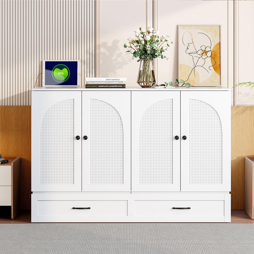 Full Size Murphy Chest Bed with Large Drawers and Rattan Decoration, Versatile Foldable Cube Cabinet Bed for Home Office Small Room (White, Full)
