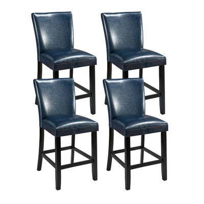 BAXMUY Set of 4 Counter Height Bar Stools, Dark Blue Faux Leather with Back, Solid Wood Legs Bar Chairs, 25.6" Seat Ideal for Kitchen Island or Home Bar