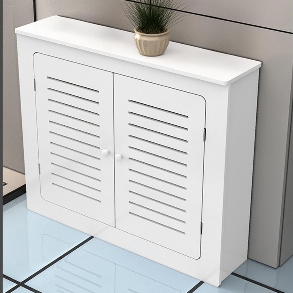 Snaweo White Radiator Cover, Heating Cabinet with Double Doors and Storage Shelves, Radiator Cover Cabinet Shelf, PVC Radiator Shelve, Hide Cluttered Pipes, Room Furniture(L90xH90xW15cm)