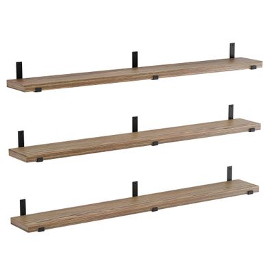 Wallniture Forte 72" Long x 9.25" Deep Floating Wall Shelves, Book Shelves Wall Mount, Wooden Shelf for Living Room, Kitchen, Pantry and Office Decor, Set of 3, Burnt Finish, Real Wood