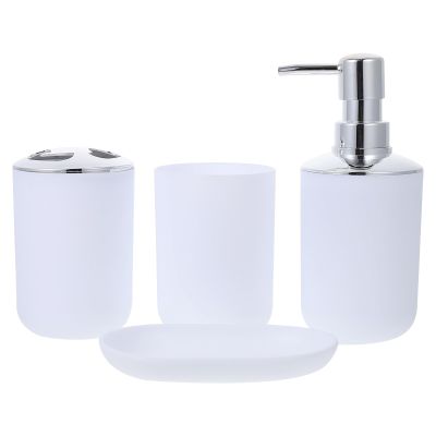 Plastic Bathroom Accessory Set, Lotion Bottle, Cup and Soap Tray