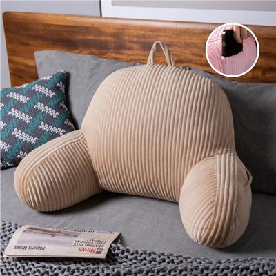 GPPYMX Reading Pillow for Bed Sitting Up,Flannel Back Pillow for Bed Sitting up with Arms and Pockets & Washable Cover,Soft Back Support(Khaki, 27.6x17.7 in)