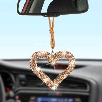 BFXM Bling Heart Car Hanging Accessories, Golden Bling Rear View Mirror