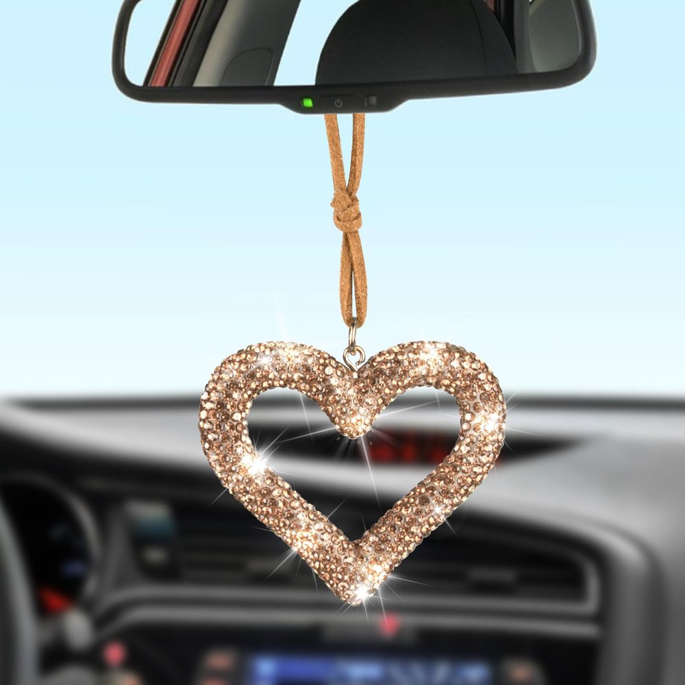 BFXM Bling Heart Car Hanging Accessories, Golden Bling Rear View Mirror