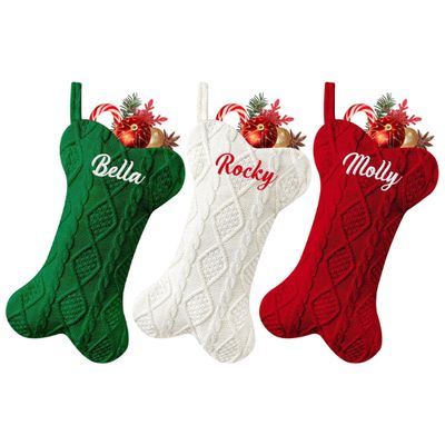 AIMITO Personalized Dog Christmas Stocking Custom Embroidered Name Dog/Pet/Cat Bone Shape Christmas Stockings Large Knitted Xmas Stocking Kids Family Christmas Holiday Party Decoration Set of 3Pcs
