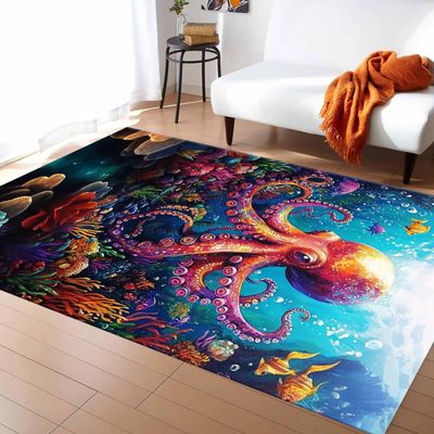 UNREASTO Octopus Area Rug, 3x5ft, Ocean Animal Underwater Plant Colorful Coral Fish Rug Floor Mat, Personalized 3D Octopus Washable Non-Slip Throw Rugs for Living Room Bathroom Bedside Entrance