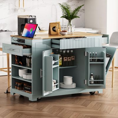 Fluted Kitchen Island with Trash Can Storage Cabinet, Power Outlet, Internal Storage Rack, Rolling Kitchen Cart on 5 Wheels with 3 Drawer, 3 Open Side Racks for 10 Gallon Garbage Bin (Grey/10 Gallon)