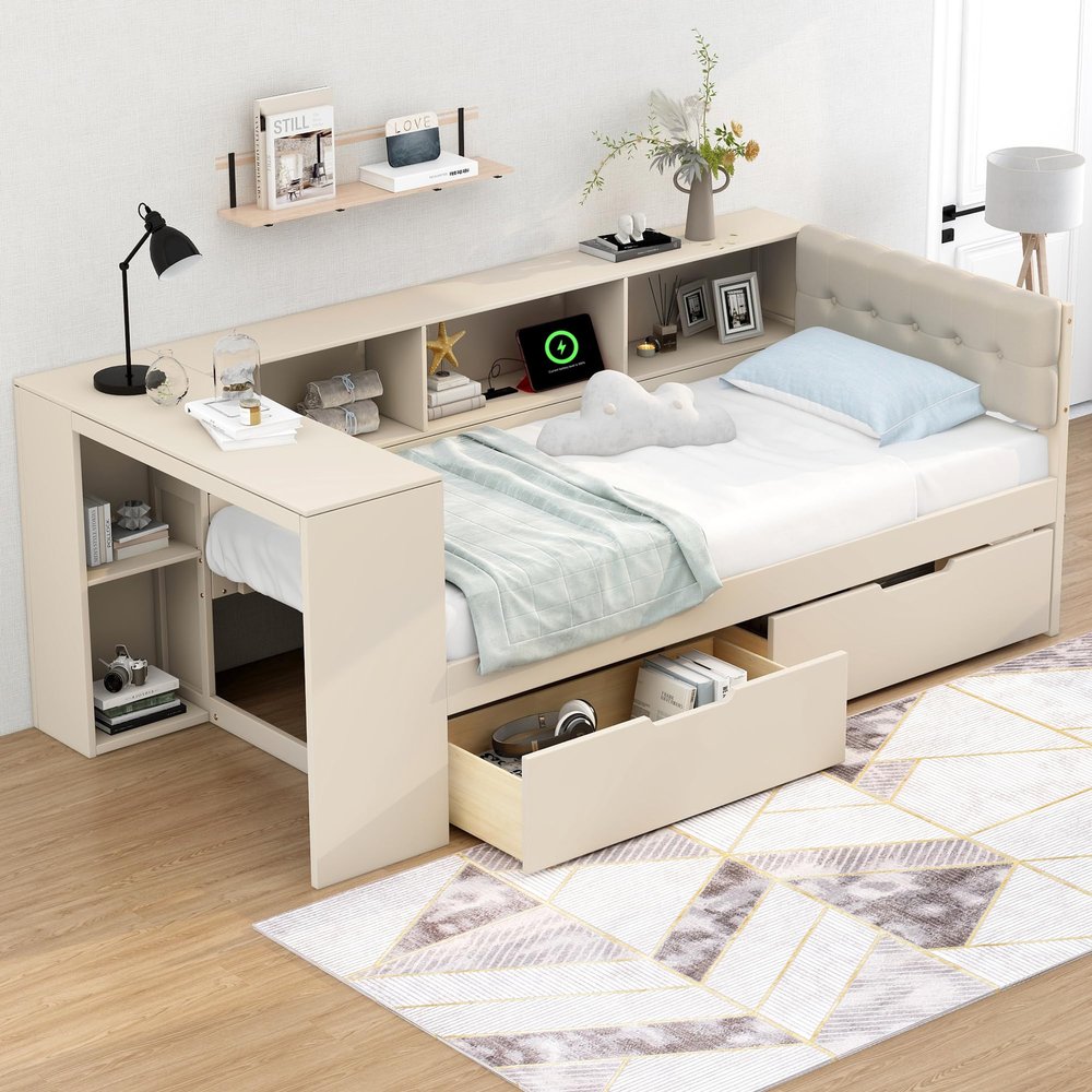 Aiuyesuo Twin Size Platform Bed with Storage Shelves and Study Desk, Wood Daybed Frame with Upholstered Headboard and 2 Drawers for Office/Living Room/Bedroom, Maximize Space