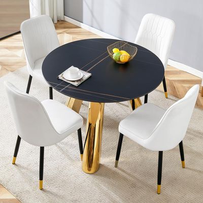 UELKS Round Dining Table Set for 4, 42'' Sintered Stone Round Table Top and Gold Stainless Steel Legs with 4 PU Chairs,for Kitchen Dining Room