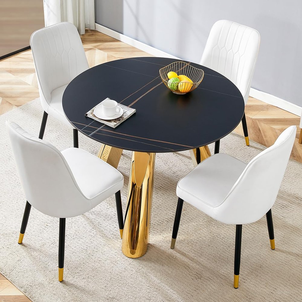 UELKS Round Dining Table Set for 4, 42'' Sintered Stone Round Table Top and Gold Stainless Steel Legs with 4 PU Chairs,for Kitchen Dining Room