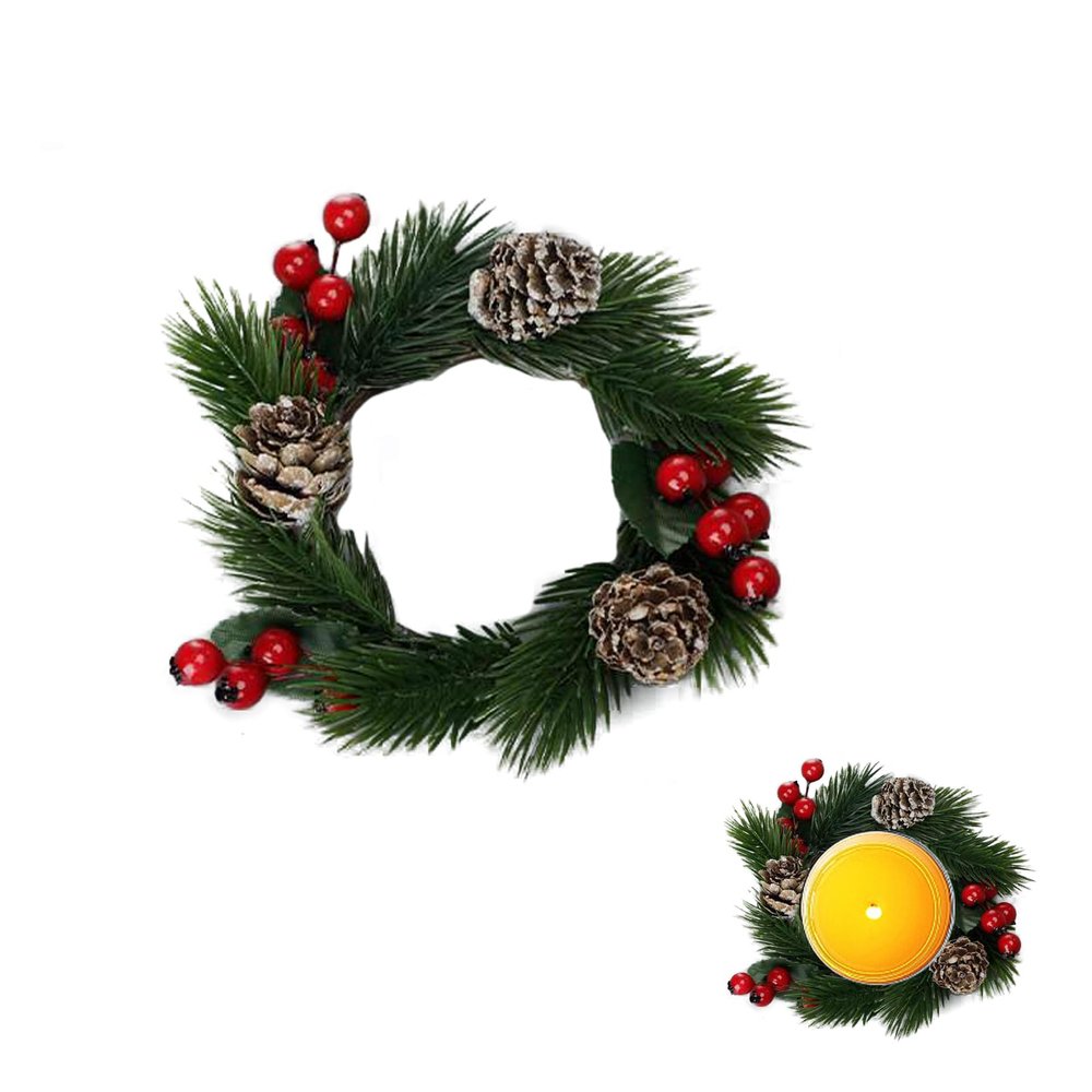 2 Pcs Christmas Candle Rings Wreath, Artificial Red Berries Snowy Pine Needles Garland Candle Rings Wreaths Candle Rings for Christmas Wedding Home Table (A)