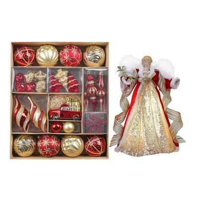Valery Madelyn Christmas Ball Ornaments, 60ct Red and Gold Shatterproof Christmas Tree Decorations Set&Lighted Christmas Angel Tree Topper with Timer2 Items Buddle