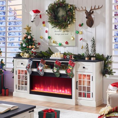 ACCOHOHO Farmhouse Fireplace TV Stand for 80 Inch TV, Entertainment Center w/ 36'' Electric Fireplace & LED Lights, Mordern Media Console with Storage Drawers & Cabinets for Living Room, White