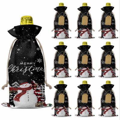 10pcs Linen Burlap Wine Bags with Drawstring Merry Christmas Snowman Wine Gift Bag with Tags Reusable Wine Bottle Gift Bags for Christmas Birthday Wine Tasting Party Winter Xmas Tree Snowflake Black