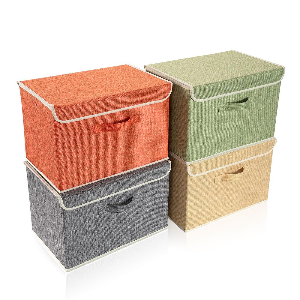 DOMEraax Storage Bins with Lid, Foldable Clothing Storage Box case with Handle for Books, Closet, Bedroom, Home, 4 Color Set A, 15L x 10W x 10H inch