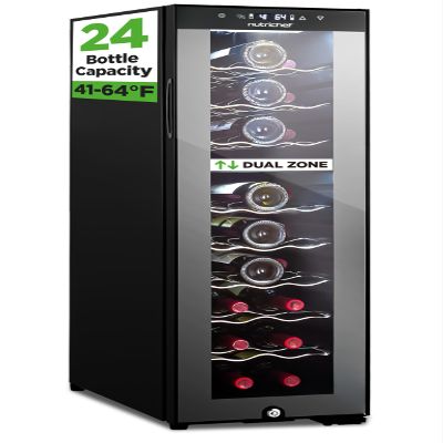 Nutrichef 24 Bottle Wine Fridge - Dual Zone Wine Chiller, Adjustable Temperature 41F to 64F, Ultra Quiet Operation, Free Standing Wine Cooler For Home, & Office, 39 x 11 x 26 IN (Black)