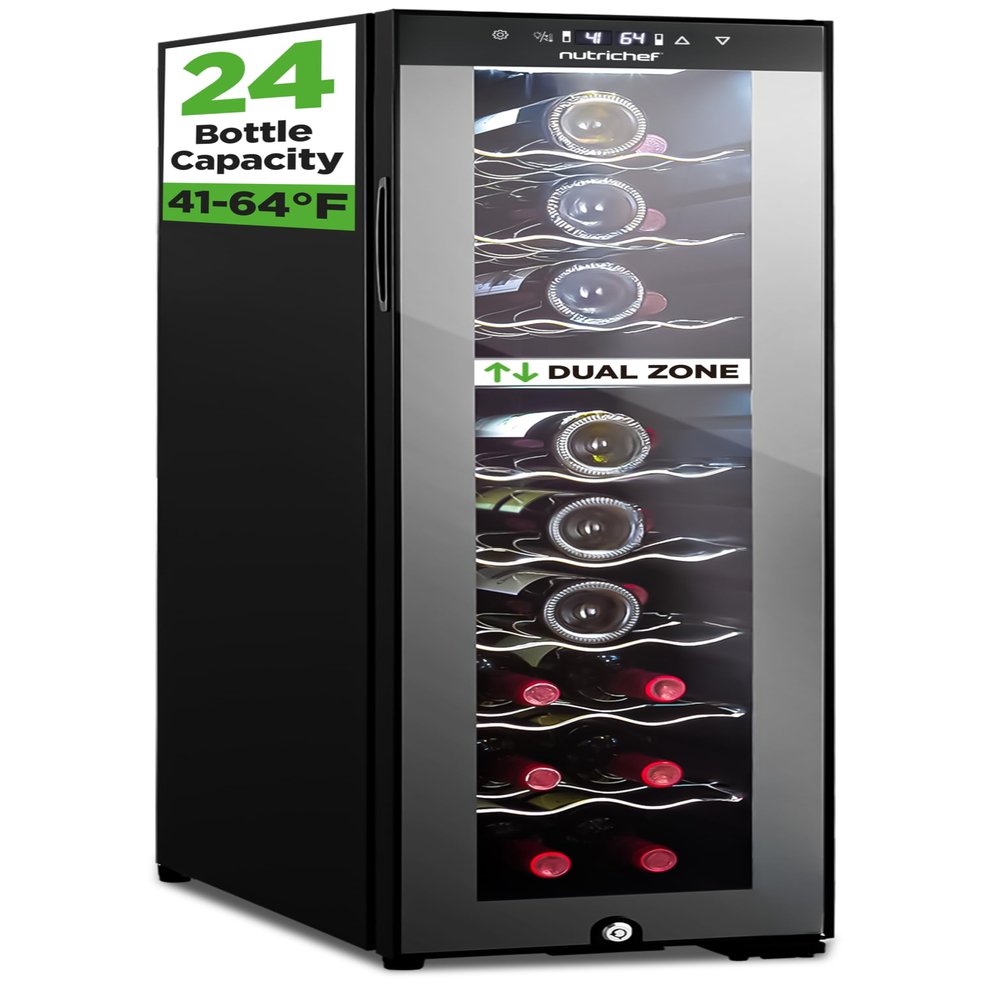 Nutrichef 24 Bottle Wine Fridge - Dual Zone Wine Chiller, Adjustable Temperature 41F to 64F, Ultra Quiet Operation, Free Standing Wine Cooler For Home, & Office, 39 x 11 x 26 IN (Black)