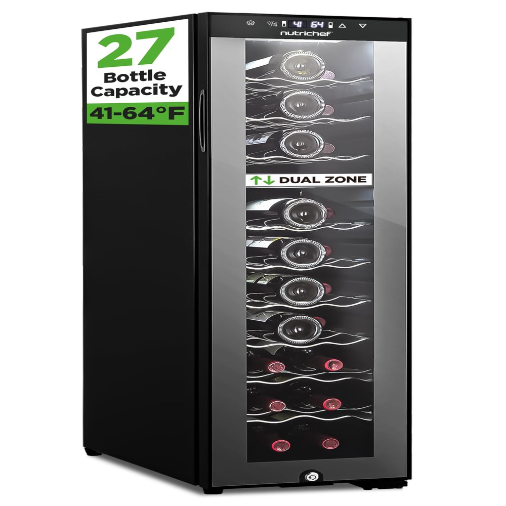 Nutrichef 27 Bottle Wine Fridge | Dual Zone Adjustable Temperature Control 41F to 64F | Ultra Quiet | Wine Cooler For Home, & Office | FreeStanding 43x11x23 IN | Black