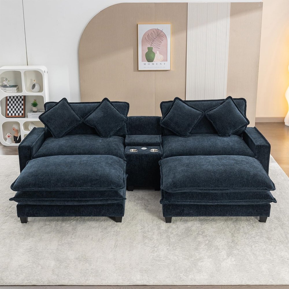 112.6" Sectional Chenille Upholstered Loveseat SofaRearrangeable 2 Seater Sofa Chaise,with Console, Cup Holder, USB Port Modern Cloud Couch, Suitable for Living Room, Bedroom and Office (Blue)